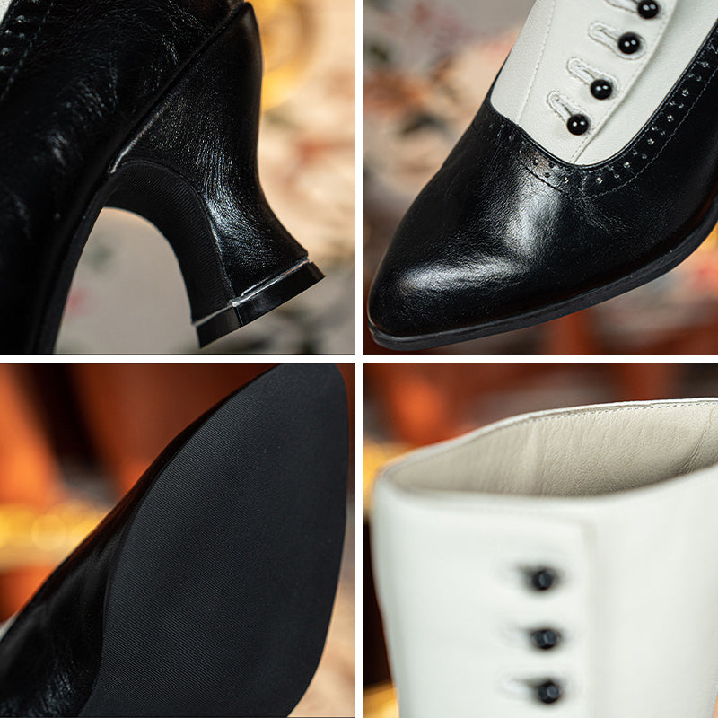 Bottes à boutons edwardiennes vintage pour femmes, bottes brogue en cuir souple mi-mollet en noir et blanc/noir