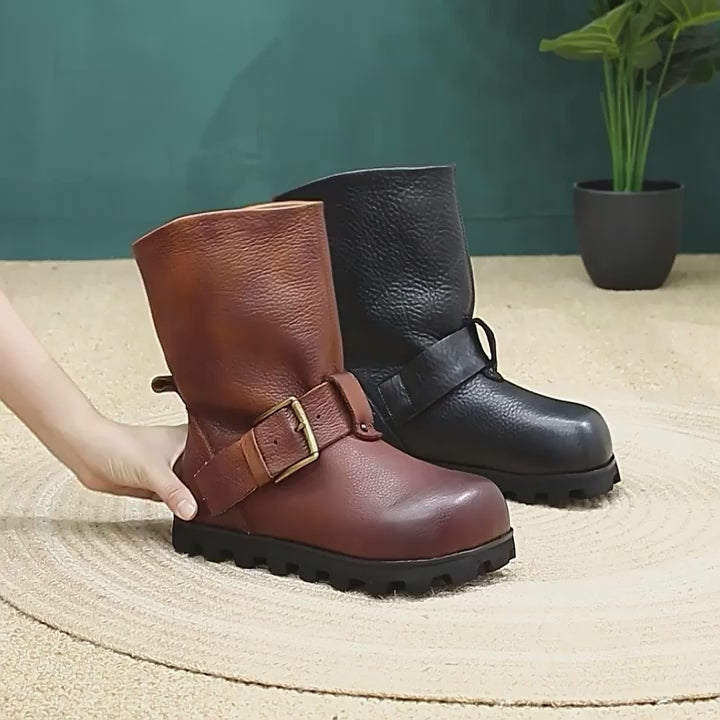 Bottes slouch en cuir à bout rond faites main pour femmes - collection automne en noir/marron foncé