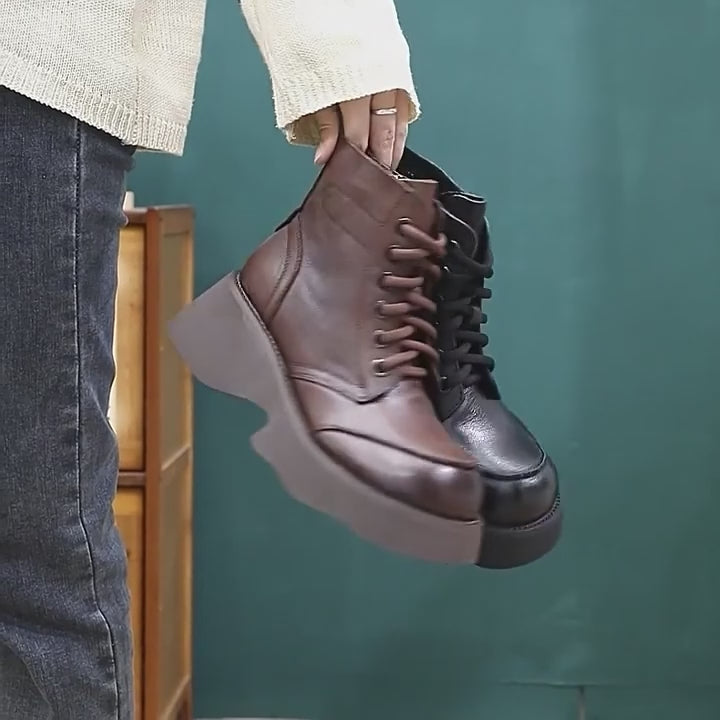 Bottes à lacets avec plateforme de 55 mm, bottes de combat en cuir faites main en café/noir