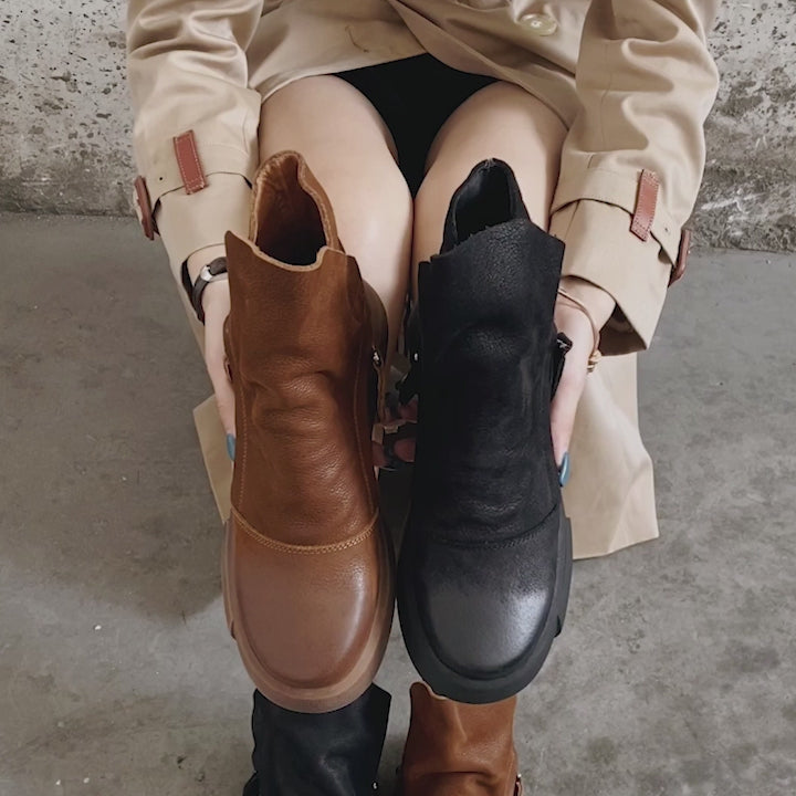 Bottes zippées en cuir souple pour femmes, style rétro, bottes chunky en noir/café