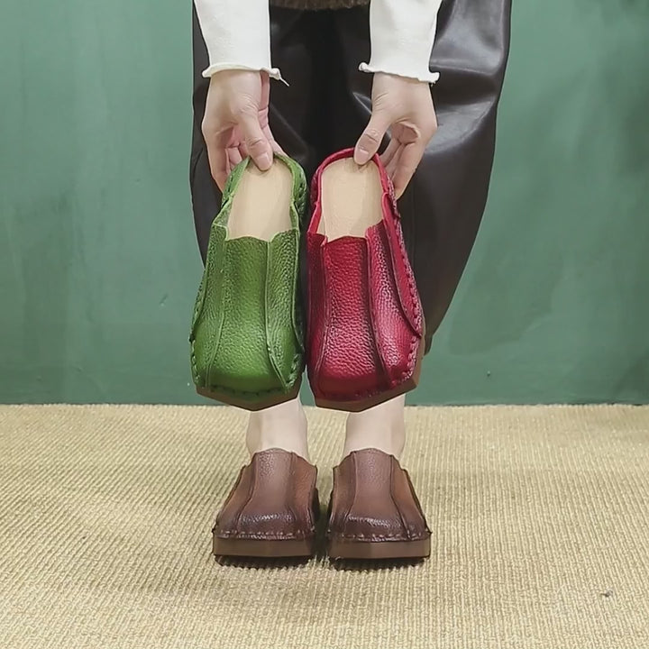 Mules en cuir à bout carré faites à la main, pantoufles plates décontractées en marron/rouge/vert