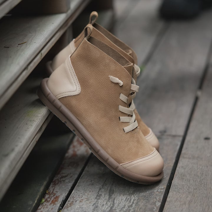 Soft Leather Ankle Booties Handmade Flat Barefoot Shoes Color Blocking in Coffee/Khaki
