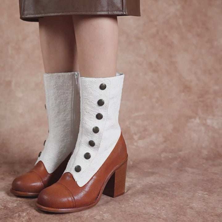 Vintage Handmade Button Boots for Women Two-Tone Leather &amp; Embroidered Fabric Victorian Mid Calf Boots in Black/Brown