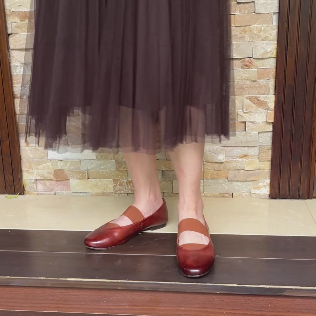 Handmade Horse Leather Mary Jane Shoes Elastic Band Ballet Flats in Red/Black/Pink/Apricot