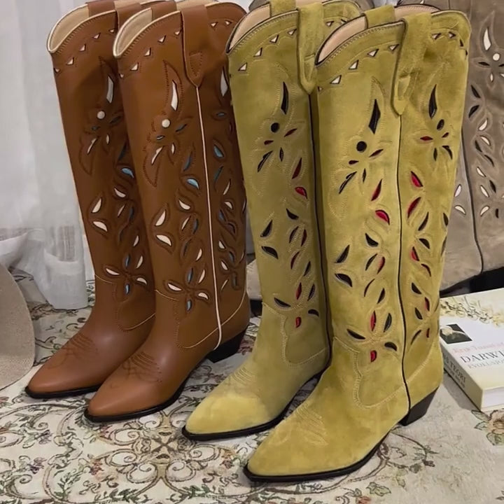 Womens Western Contrast-stitching Cowboy Boots Hollow Out Decorate- Khaki Cowgirl Boots All Genuine Leather