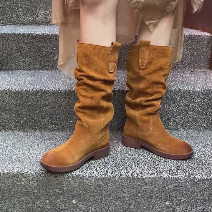 Dwarves Designer Suede Leather Knee High Boots Fold Design Riding Boots in Black/Brown/Apricot/Coffee