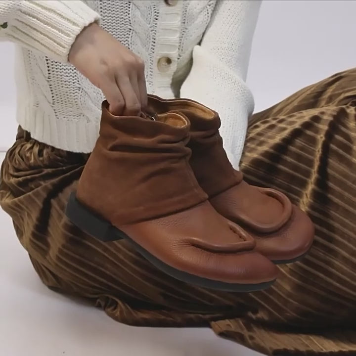 Bottes Cheville en Cuir Souple Fait Main pour Femmes Design en Splicing en Café/Noir