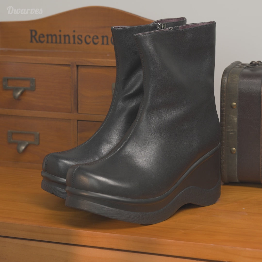 Custom Color Handmade Leather Wedge Platform Short Boots Stretch Boots for Women in Black