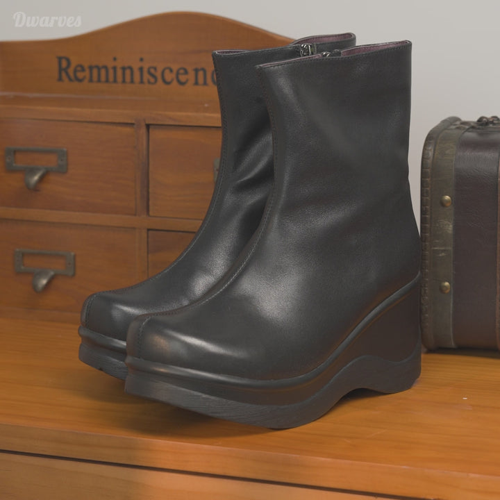 Custom Color Handmade Leather Wedge Platform Short Boots Stretch Boots for Women in Black