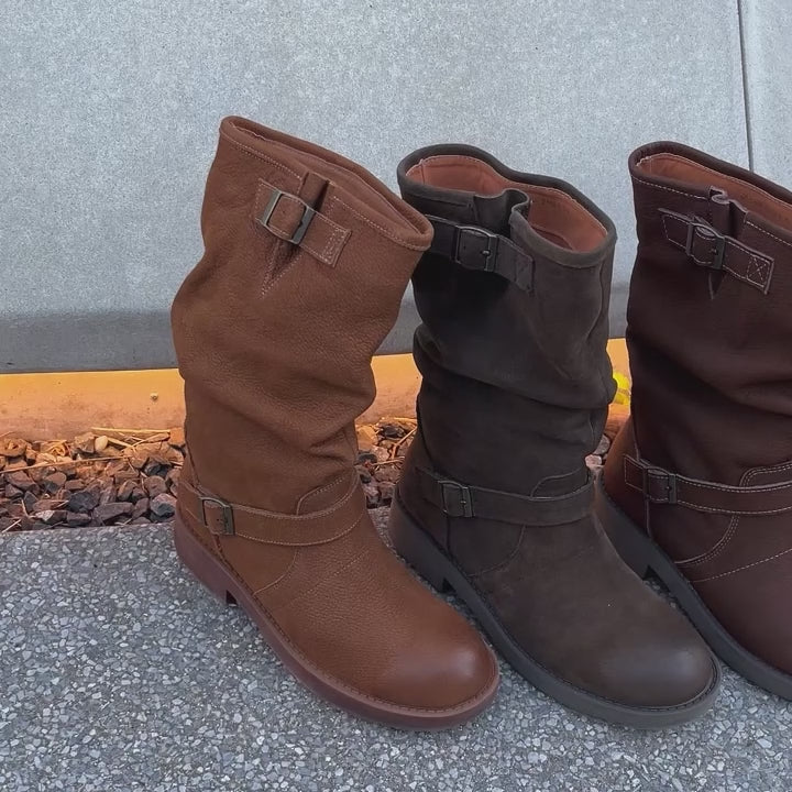 Dwarves Designer Leather Mid Calf Boots Fold Design Riding Boots Buckle Detail in Brown/Black/Gray/Coffee