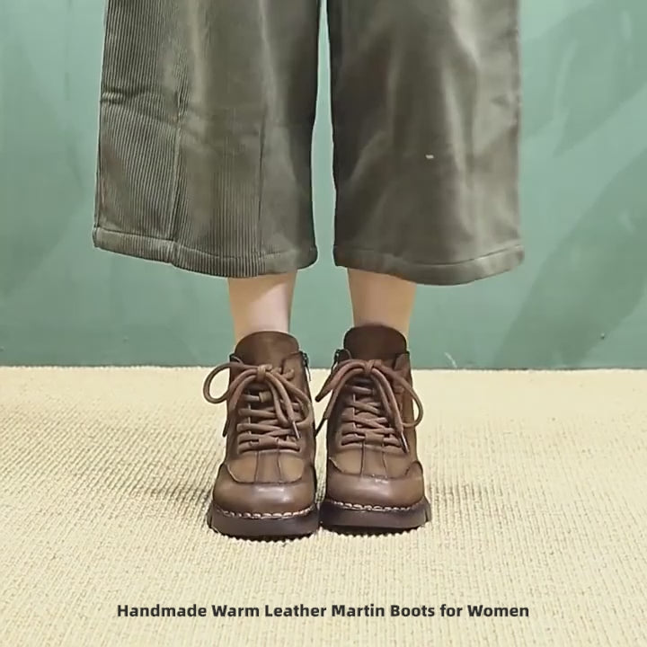 Handmade Warm Leather Boots for Women with Short Plush Lining and Side Zip in Coffee/Khaki