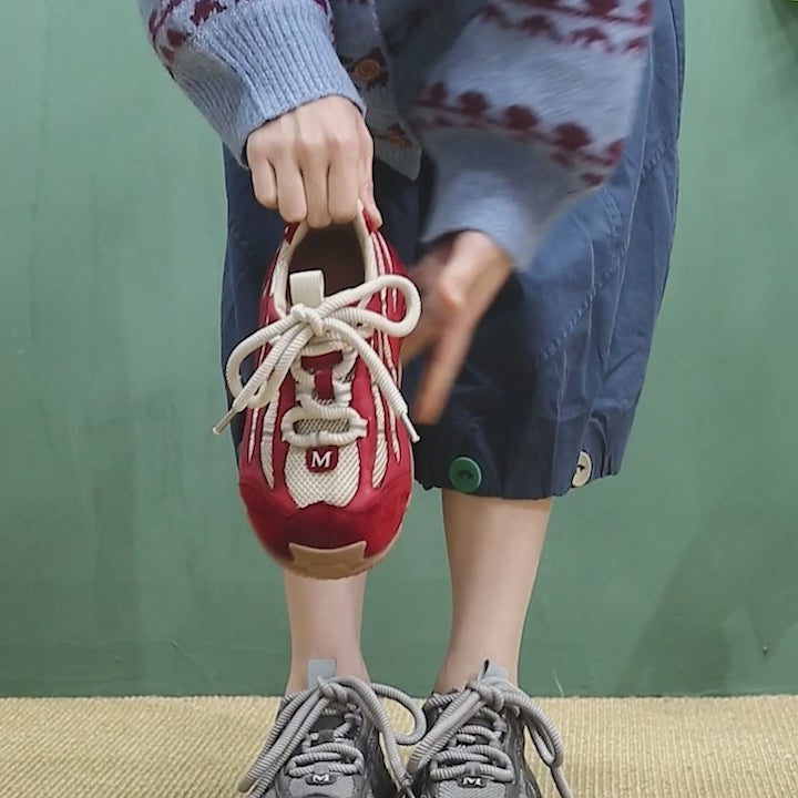 Baskets décontractées en cuir à patchwork, style rétro, avec talon caché, en rouge/gris