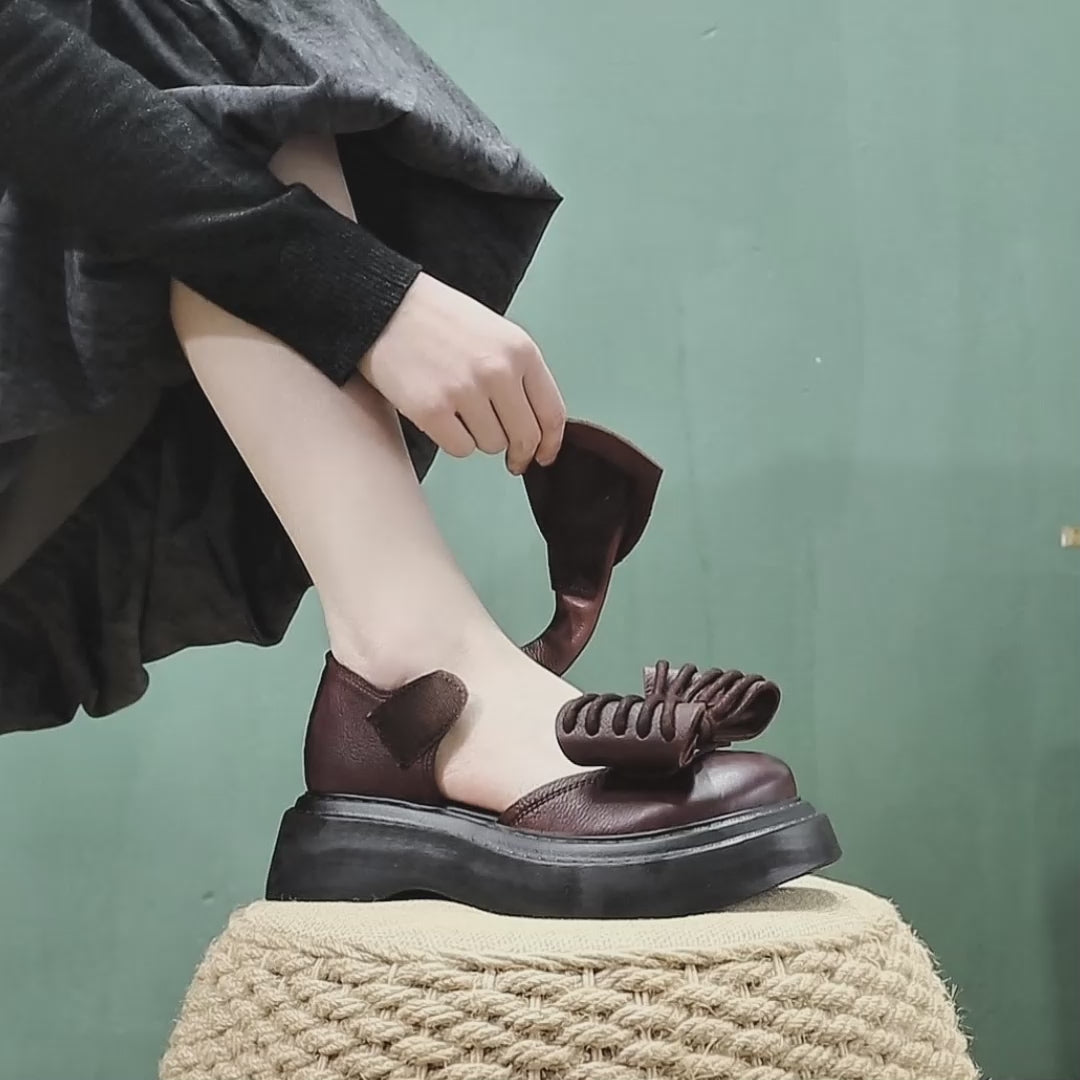 Sandales à plateforme Mary Jane vintage en cuir de vachette avec Velcro de 55 mm, chaussures chunky en noir/marron/vert