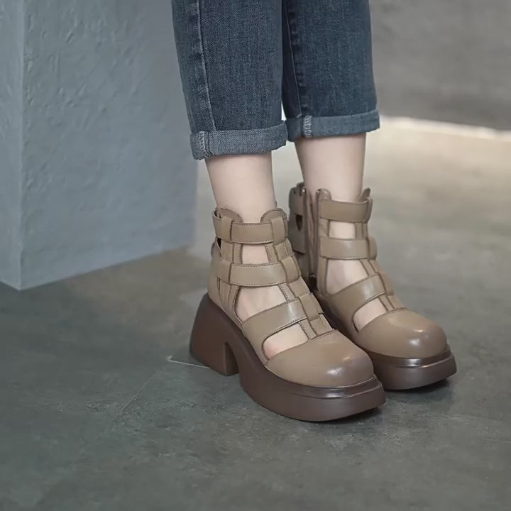 Sandales gladiateur à plateforme en cuir tressé avec fermeture éclair sur le côté en beige/noir/gris/marron
