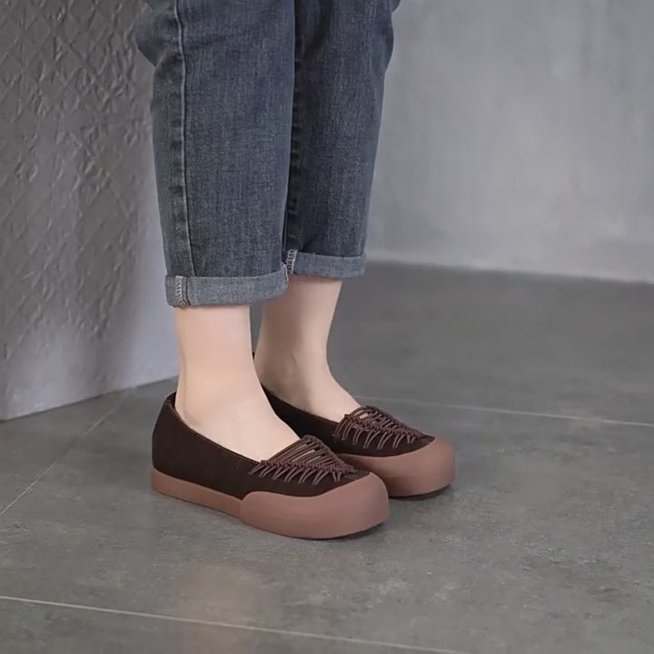 Leather Flats Rubber Toe with Woven Strap Detail in Red/Coffee