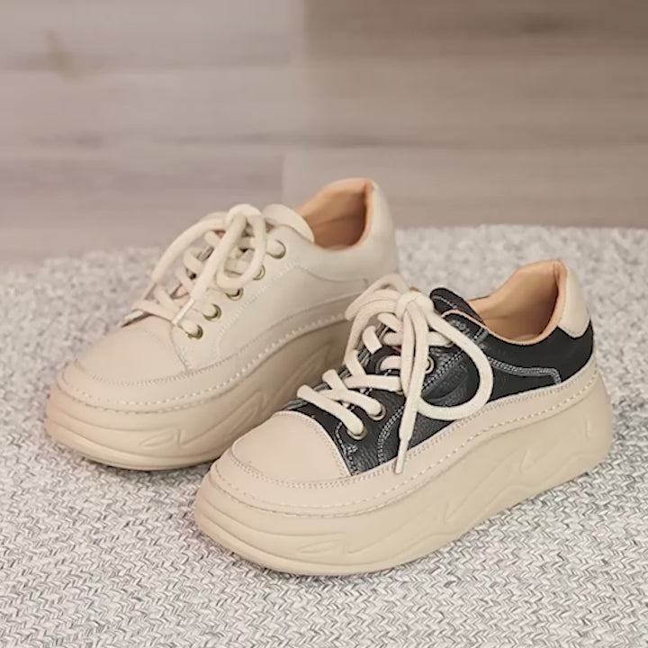 Baskets à plateforme faites à la main pour femmes, en cuir, à lacets, décontractées, en noir/abricot