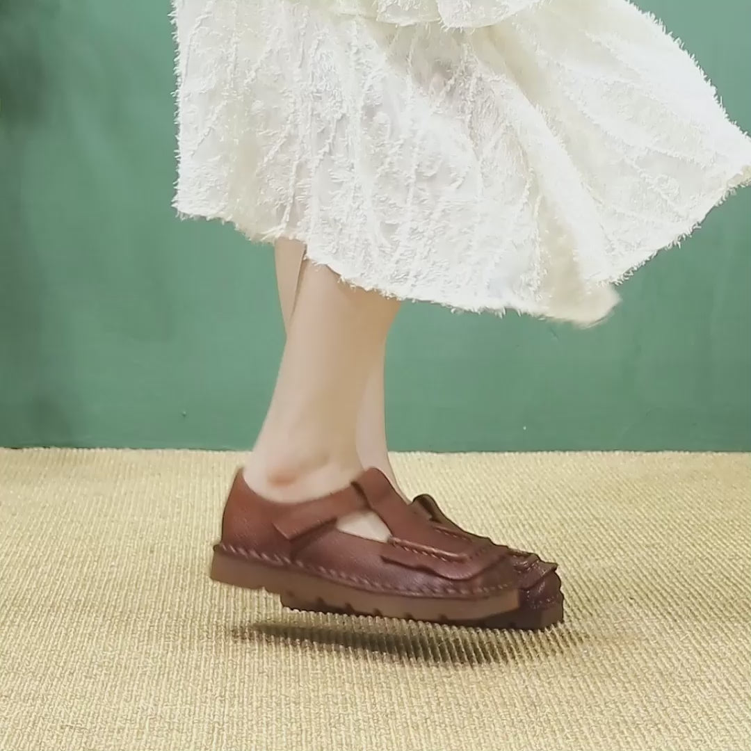 Mori Girl Square Toe T-Strap Mary Jane Flats Handmade Leather Velcro Casual Shoes in 4 Colors