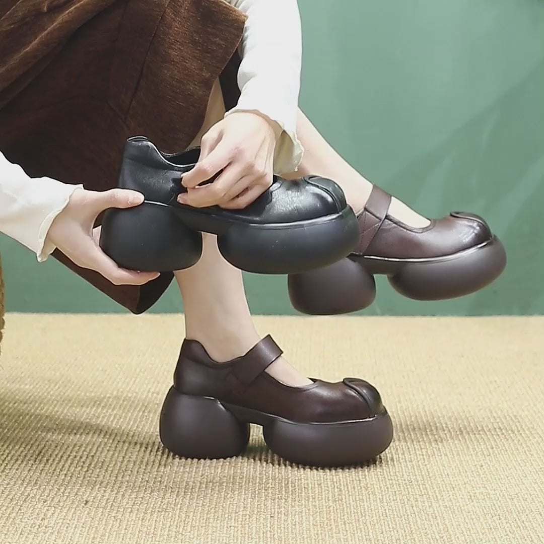 Handmade Retro Mary Jane Platform Pumps Chunky Leather Velcro Strap Shoes for Women in Black/Coffee