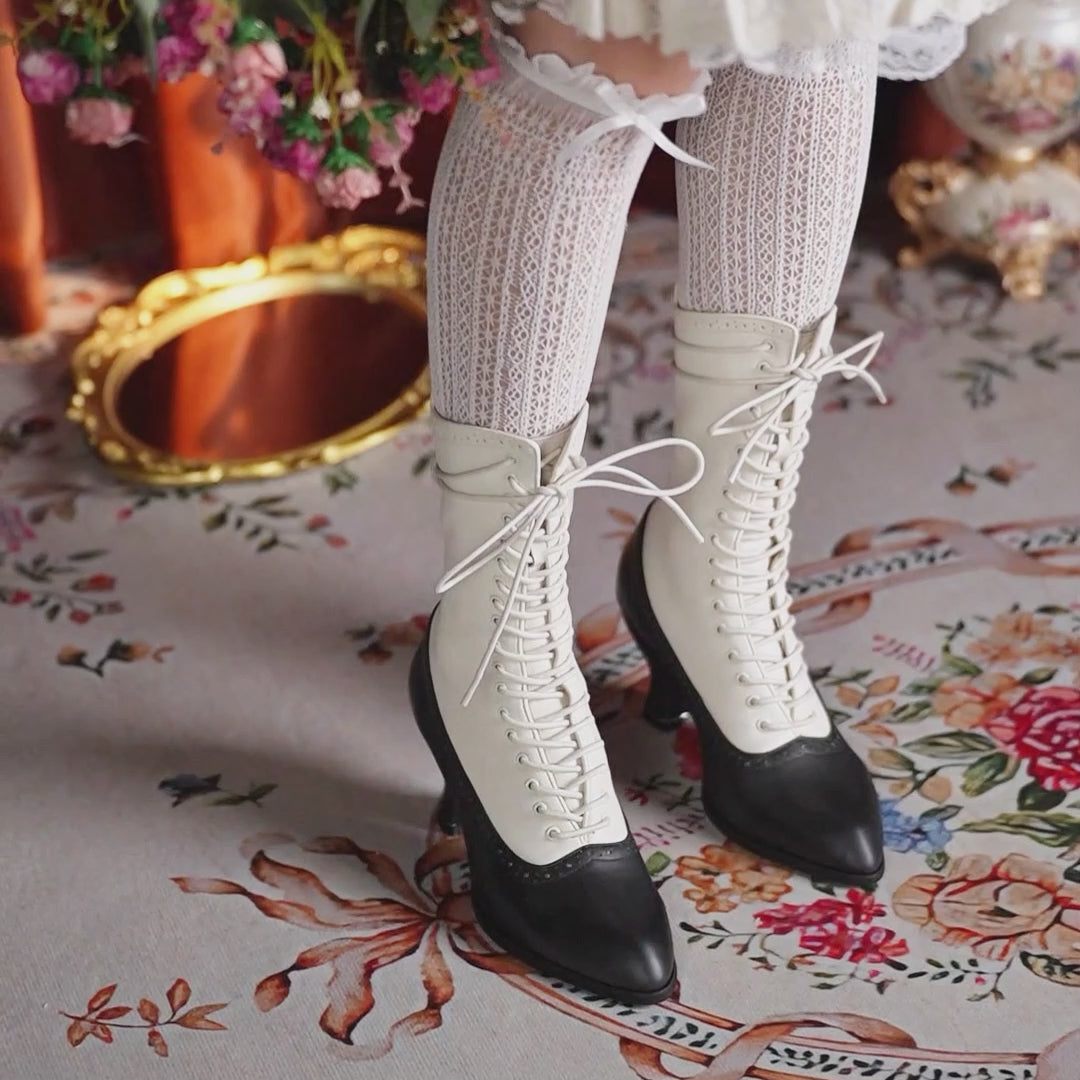 Bottes brogue vintage faites à la main pour femmes, talon bobine 70mm en noir et blanc