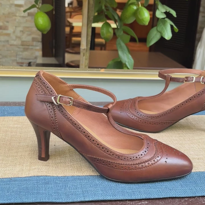 Handmade Leather T strap Detail Brogued Mary Jane Pumps in Black/Brown/Khaki