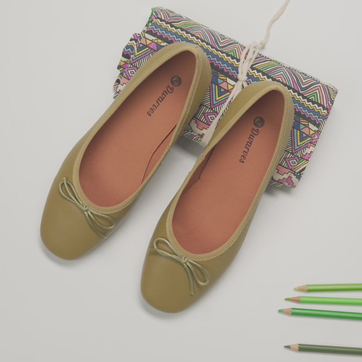 Ballerines en cuir suédé avec détail nœud pour femmes, faites à la main, en vert/jaune/khaki/abricot/rose