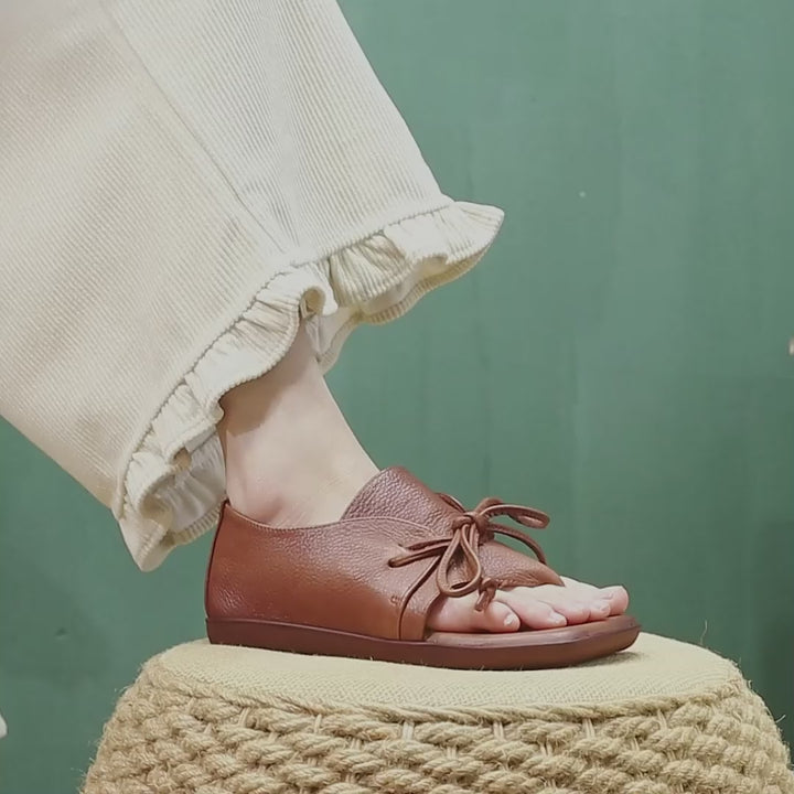 Sandales plates en cuir rétro à lanière entre les orteils, à lacets, en cuir de vache décontractées pour l&