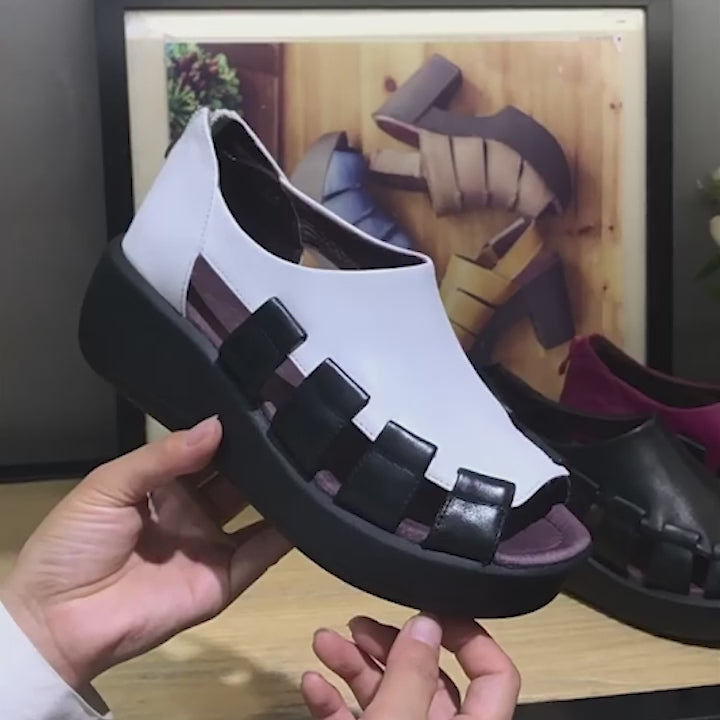 Custom Color Handmade Leather Gladiator Sandals Peep Toe Back Zip 50mm Wedges Color Blocking