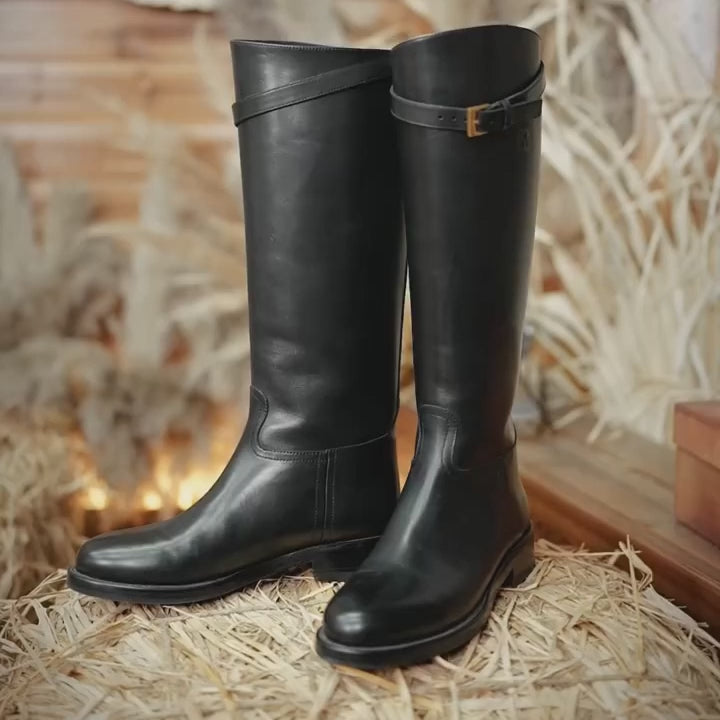 Goodyear Hand Stitching Cow Leather Riding Boots Round Toe Knee High Boots For Women In Black/Coffee
