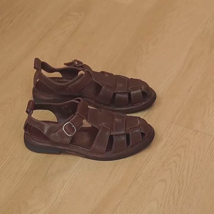 Sandales gladiateurs en cuir de cheval cousues à la main pour femmes, chaussures de pêcheur en café