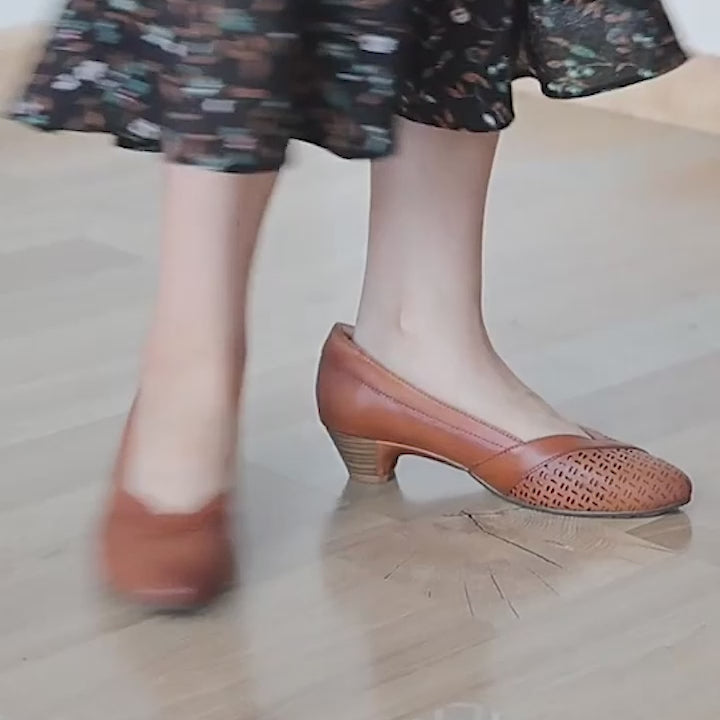 Handmade Leather Point Toe Cut Out Pumps 35mm Block Heel In Beige/Brown/Black Fashion Style