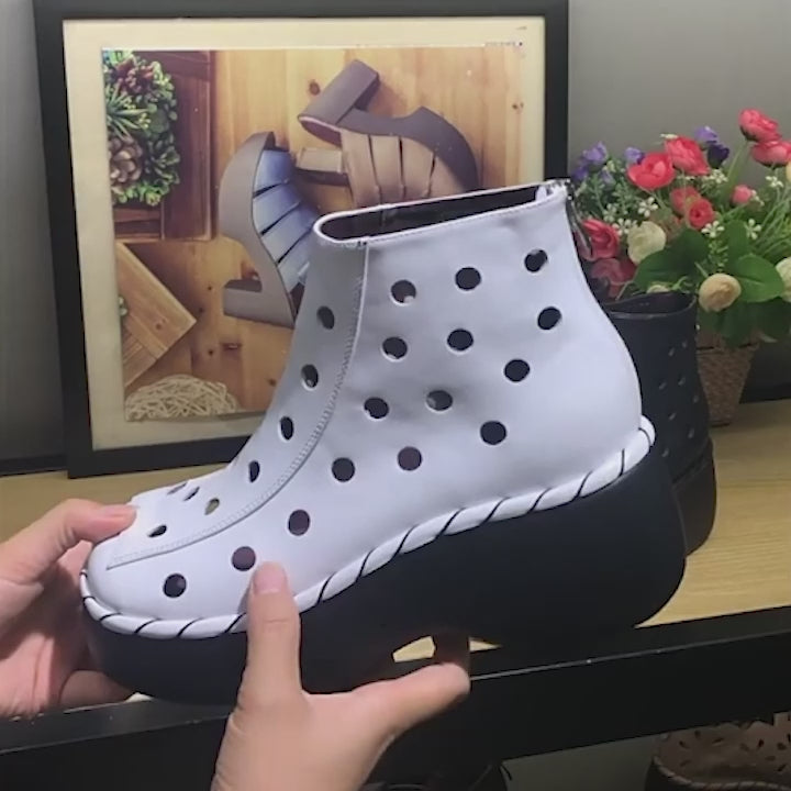 컷아웃 여름 부츠 통기성 가죽 숏부츠 블랙/화이트 색상
