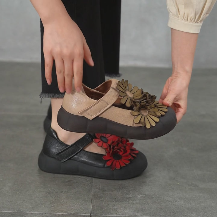 Chaussures à Plateforme Mary Jane Florales, Chaussures Décontractées en Cuir de Vache de Première Couche en 4 Couleurs