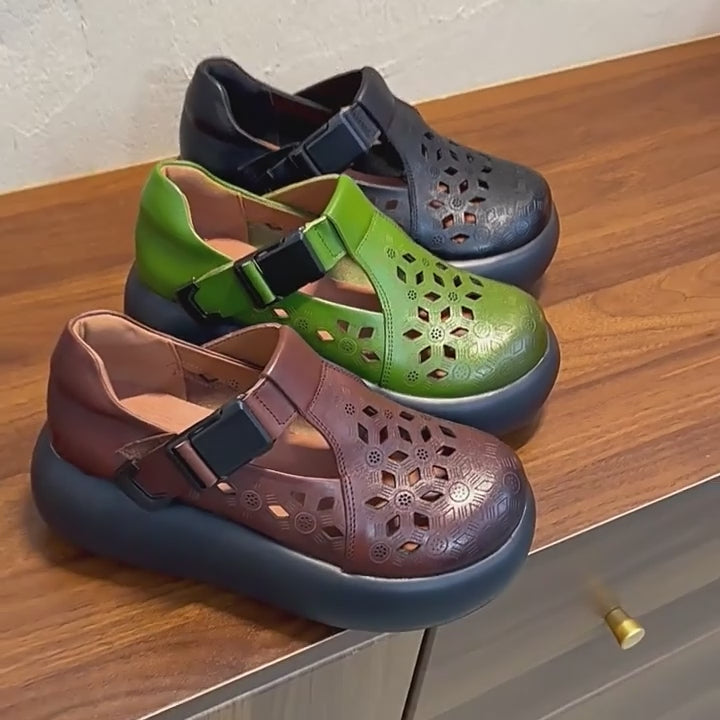 Chaussures à plateforme T-strap en cuir souple, style Mori Girl, pour femmes avec boucle en noir/vert/marron