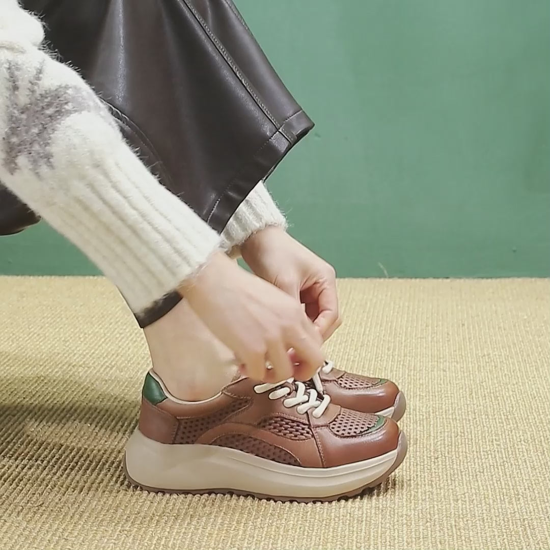 Women’s Chunky Dad Sneakers Breathable Full Grain Leather Platform Shoes in Beige/Dark Brown