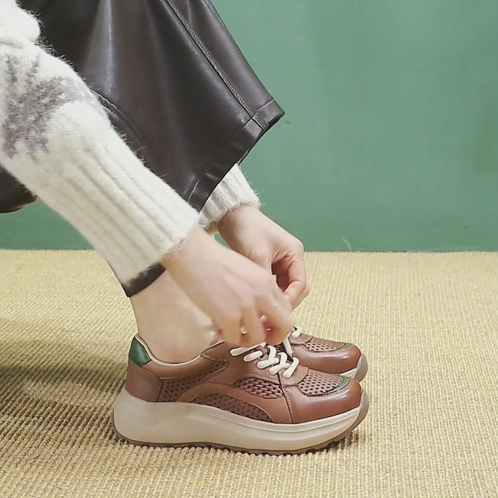 Women’s Chunky Dad Sneakers Breathable Full Grain Leather Platform Shoes in Beige/Dark Brown