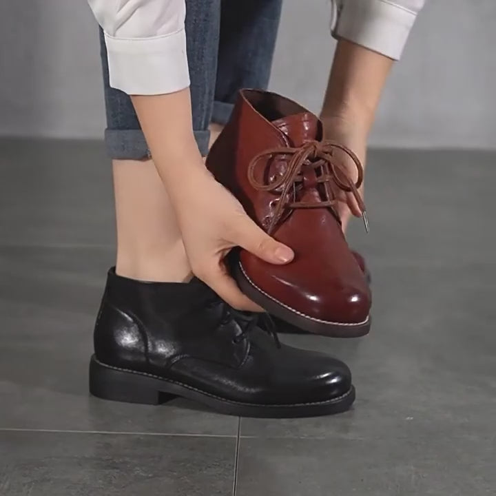 Classic Cowhide Leather Combat Boots Lace Up Derby Boots for Women in Black/Brown/Red