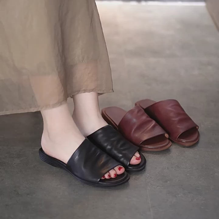 Pantoufles en Cuir Véritable pour Femmes Ouvertes en Café/Noir