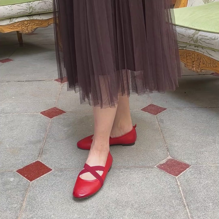 Chaussures Mary Jane en cuir de cheval faites à la main, ballerines à lanières croisées en rouge/noir/rose/abricot
