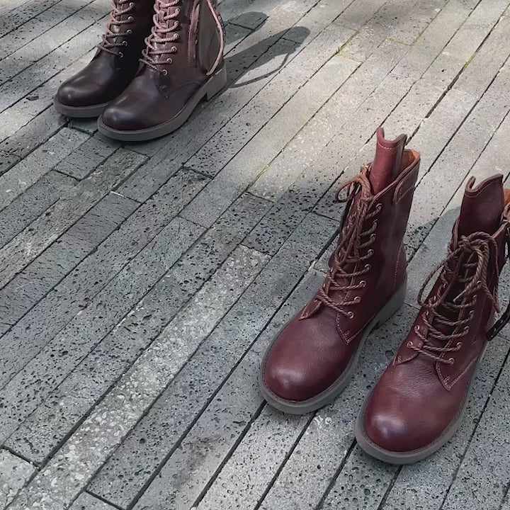Bottes de combat punk en peau de mouton, bottes de équitation rétro chunky designer à zip latéral en café/café foncé/noir