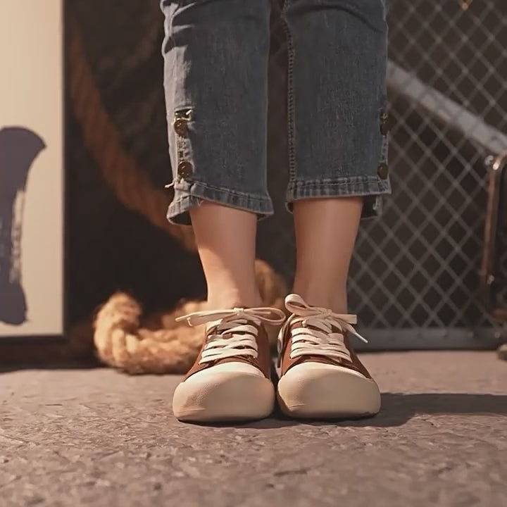 Women’s Leather Lace-Up Platform Sneakers with Rubber Cap in Coffee/Yellow Brown