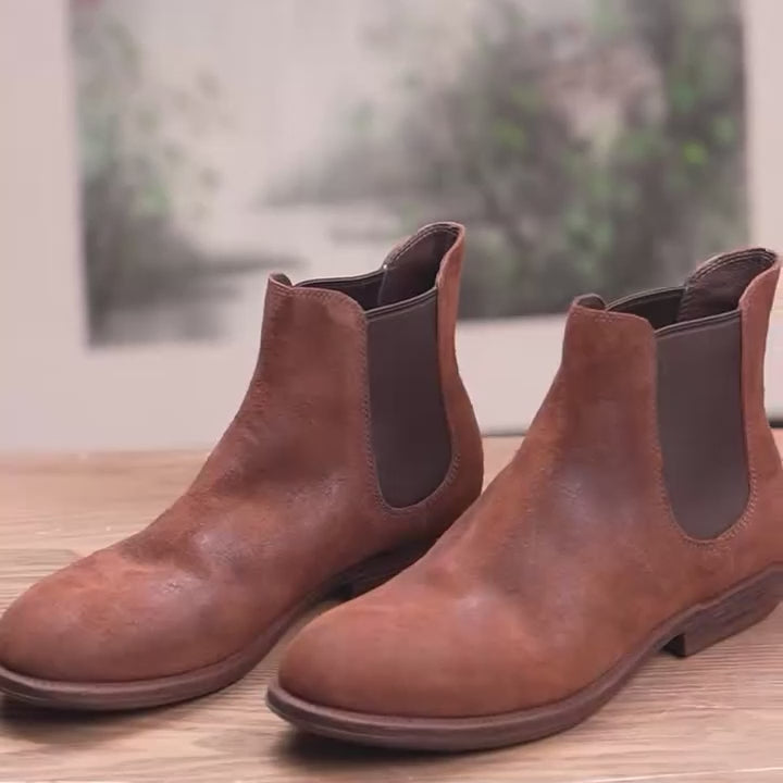 Bottines Chelsea en cuir de vache et de cheval faites à la main, à bout rond, en café profond