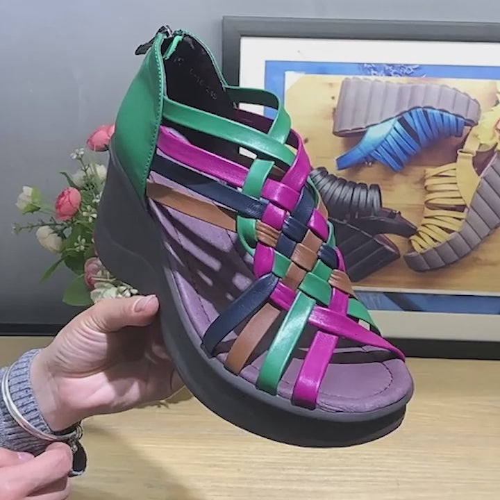 Sandales à talon haut faites main en cuir tressé, à bout ouvert, wedges rétro en noir/blanc/multi-couleur