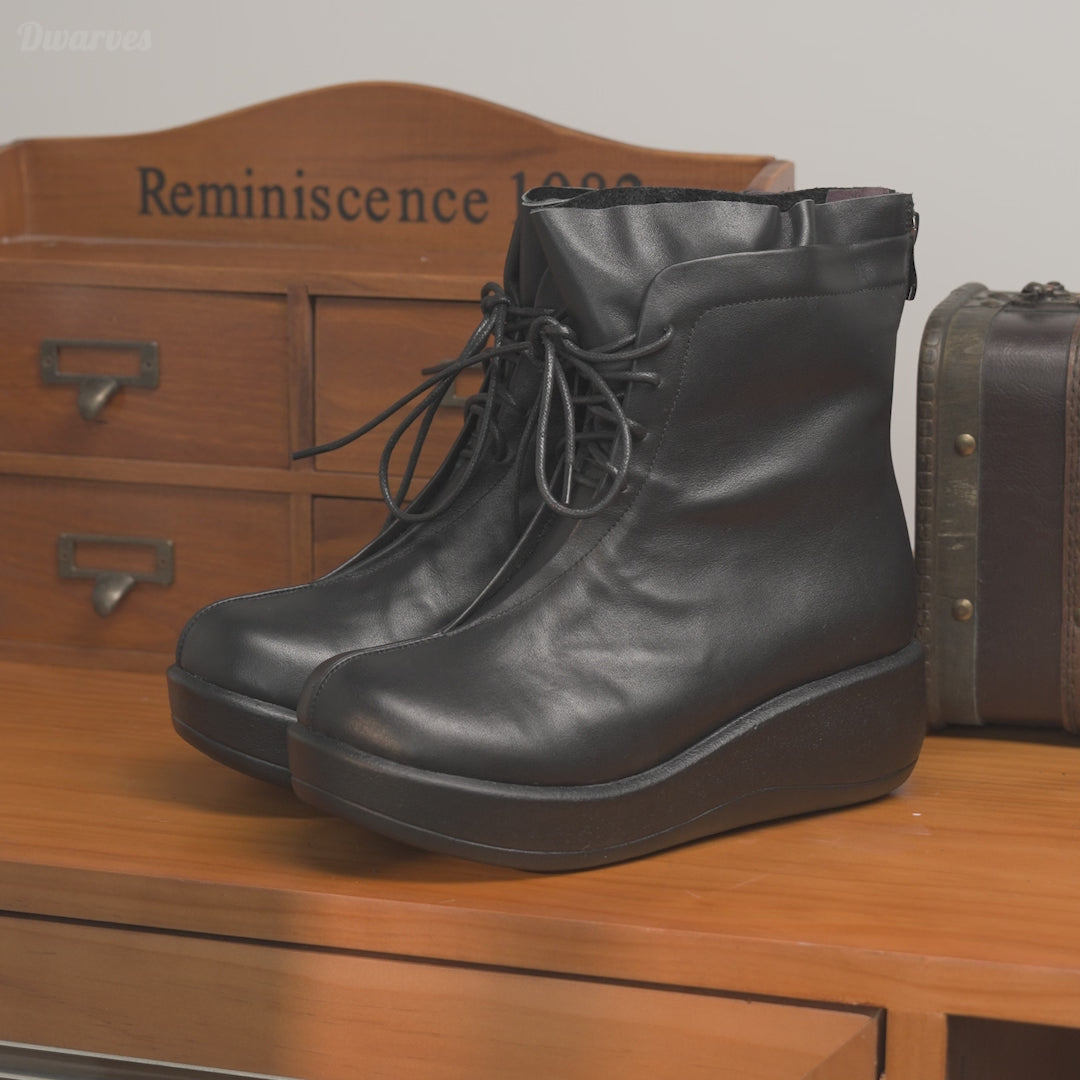 Bottes courtes à talon compensé rétro pour femmes, en cuir fait main, couleur personnalisée, en noir