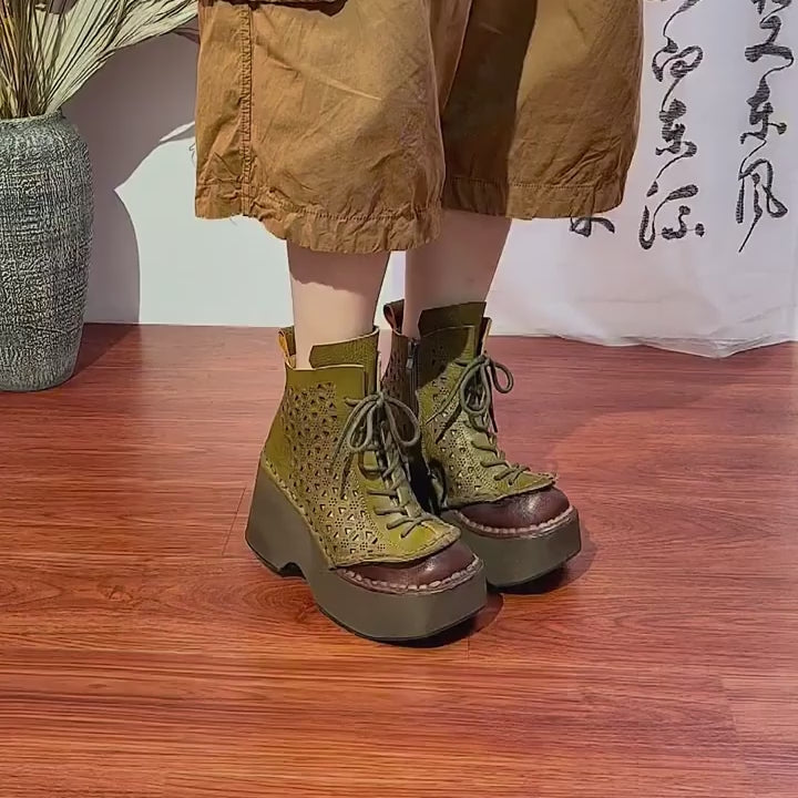 Bottines à plateforme de 85 mm pour femmes, design à bout rond, bottes découpées en marron/kaki