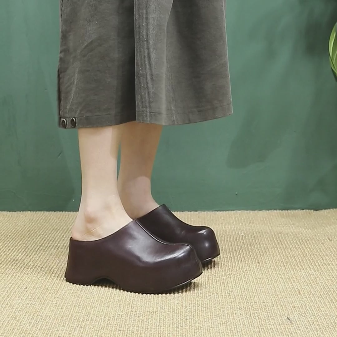 Mules en cuir rétro à talon chunky faites à la main, mules à plateforme pour femmes en noir/café