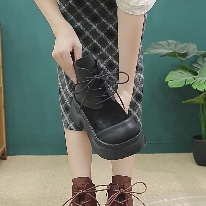 Chunky Lace up Leather Boots 65mm Platform Boots Handmade Shoes For Women
