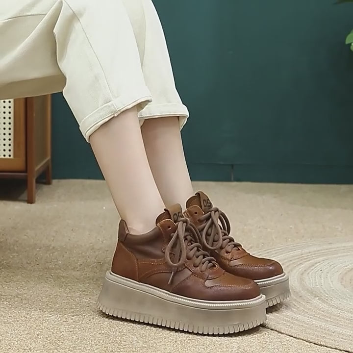 Baskets à Plateforme Basses en Cuir de Vache avec Talon de 55mm pour Femmes en Marron/Jaune