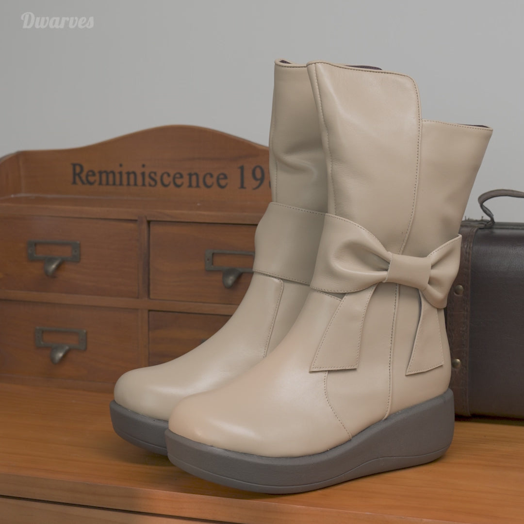 Bottes mi-mollet en cuir à plateforme de 55 cm faites à la main pour femmes, avec nœud