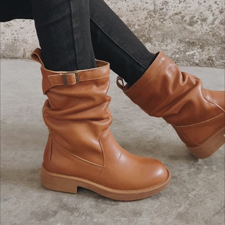 Dwarves Soft Leather Mid Calf Boots Fold Design Riding Boots Short Plush Lined For Winter