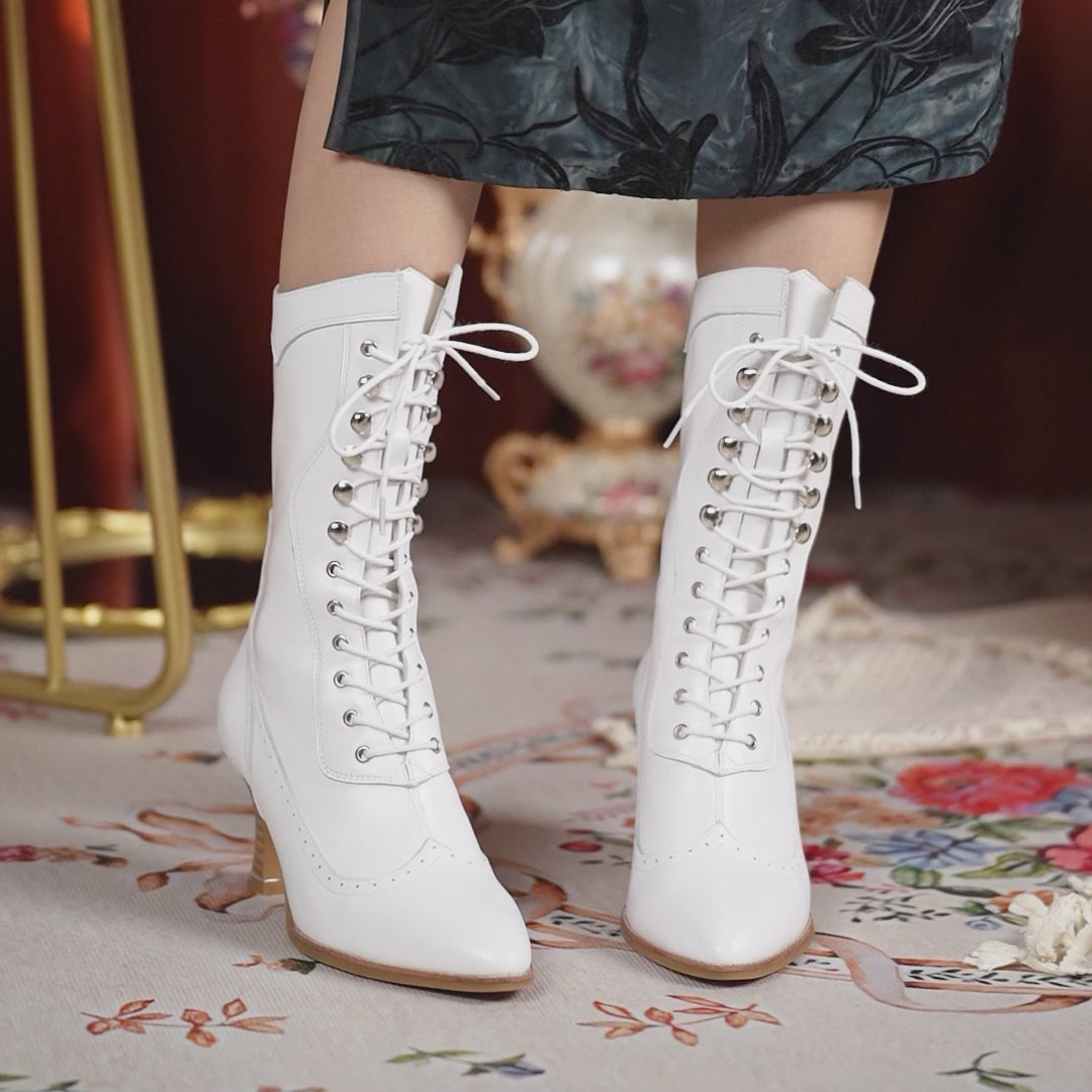 Bottes brogue à lacets vintage faites à la main pour femmes, talon bobine 70mm en noir/chocolat/blanc